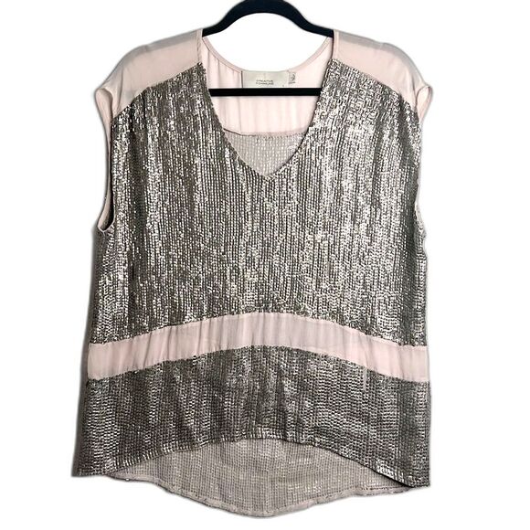 Creative Commune women’s Blush 100% silk Silver Sheer Sequin sleeveless top sz L - Picture 1 of 6